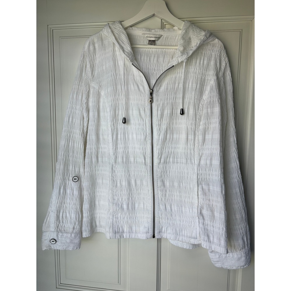Christopher & Banks Full Zip Hooded Jacket XL White Smocked Textured Seersucker